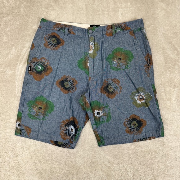 Stussy Chino Shorts Mens Size 33 Blue Preowned Floral Straight Fit Summer - Picture 1 of 9